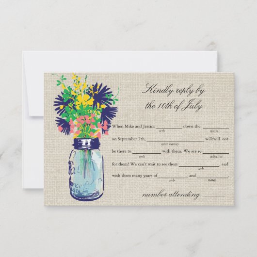 Rustic Burlap Mason Jar & Wildflower RSVP Lib Kaartje (Voorkant)