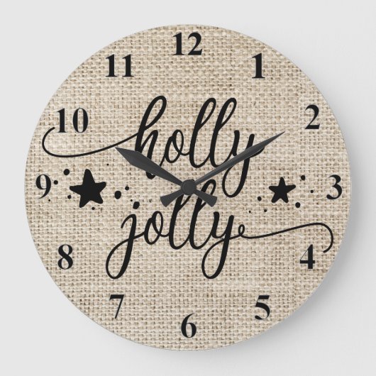 Rustic Burlap met Holly Jolly Clock Grote Klok (Voorkant)