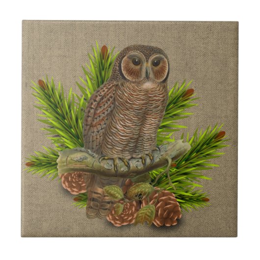 Rustic Burlap met Owl en Pine Tree Branch Tegeltje (Voorkant)