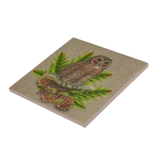 Rustic Burlap met Owl en Pine Tree Branch Tegeltje (Zijkant)