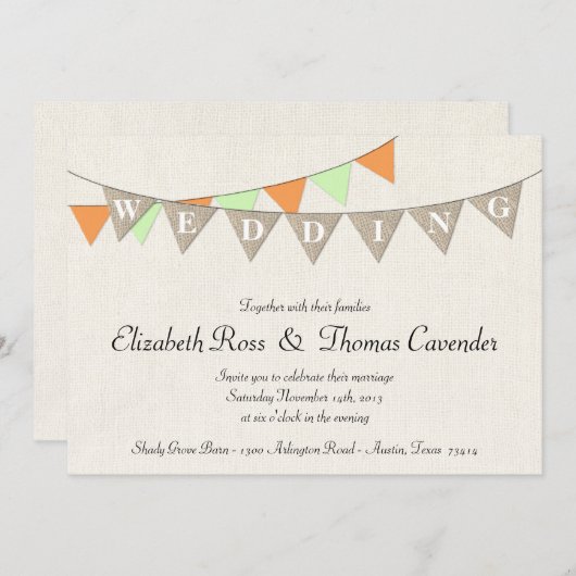 Rustic Burlap Mint Pennant Wedding Uitnodiging (Voorkant / Achterkant)