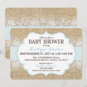 Rustic Burlap Modern Lace Blue Boy Baby shower Kaart (Voorkant / Achterkant)