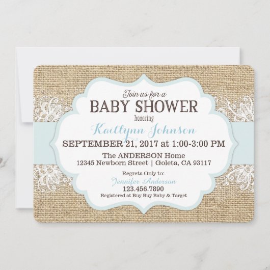 Rustic Burlap Modern Lace Blue Boy Baby shower Kaart (Voorkant)