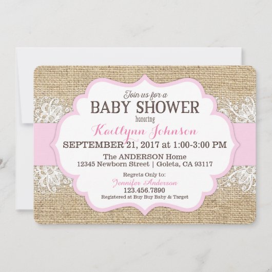 Rustic Burlap Modern Lace Pink Girl Baby shower Kaart (Voorkant)