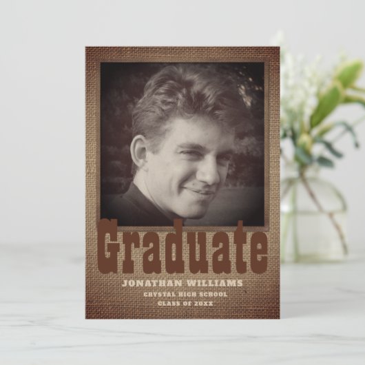 Rustic Burlap Modern Script Photo Afstuderen Aankondiging (Staand voorkant)