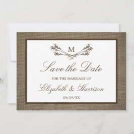 Rustic Burlap Monogram Branch Save the Date