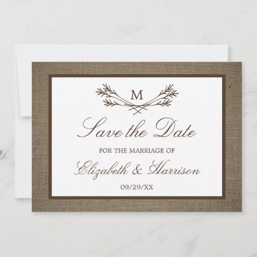 Rustic Burlap Monogram Branch Save the Date (Voorkant)