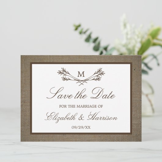 Rustic Burlap Monogram Branch Save the Date (Staand voorkant)