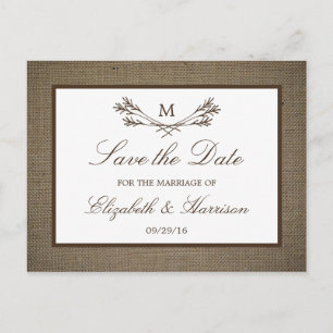 Rustic Burlap Monogram Branch Save the Date Aankondigingskaart