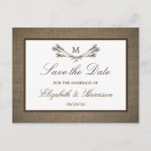 Rustic Burlap Monogram Branch Save the Date Aankondigingskaart (Voorkant)