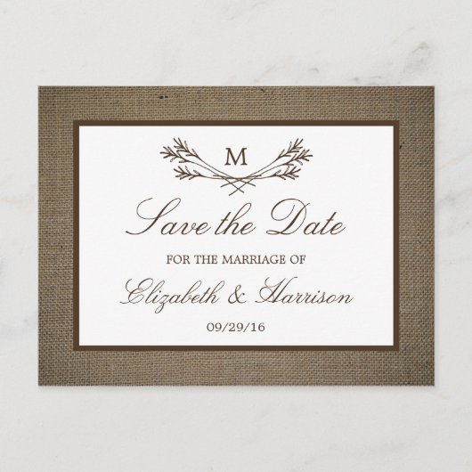 Rustic Burlap Monogram Branch Save the Date Aankondigingskaart (Voorkant)