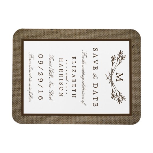 Rustic Burlap Monogram Branch Save the Date Magneet (Horizontaal)
