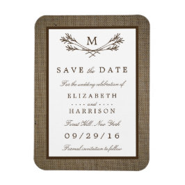 Rustic Burlap Monogram Branch Save the Date Magneet