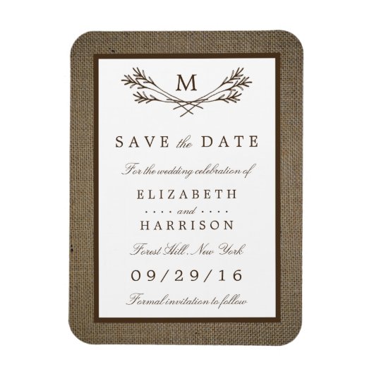 Rustic Burlap Monogram Branch Save the Date Magneet (Verticaal)
