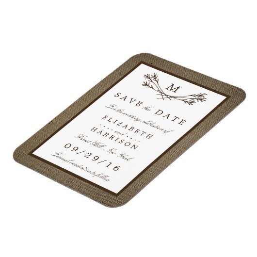 Rustic Burlap Monogram Branch Save the Date Magneet (Linkerzijde)
