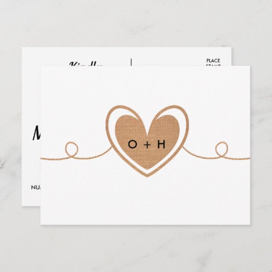 Rustic Burlap Monogram Heart RSVP-Briefkaart Briefkaart (Voorkant / Achterkant)