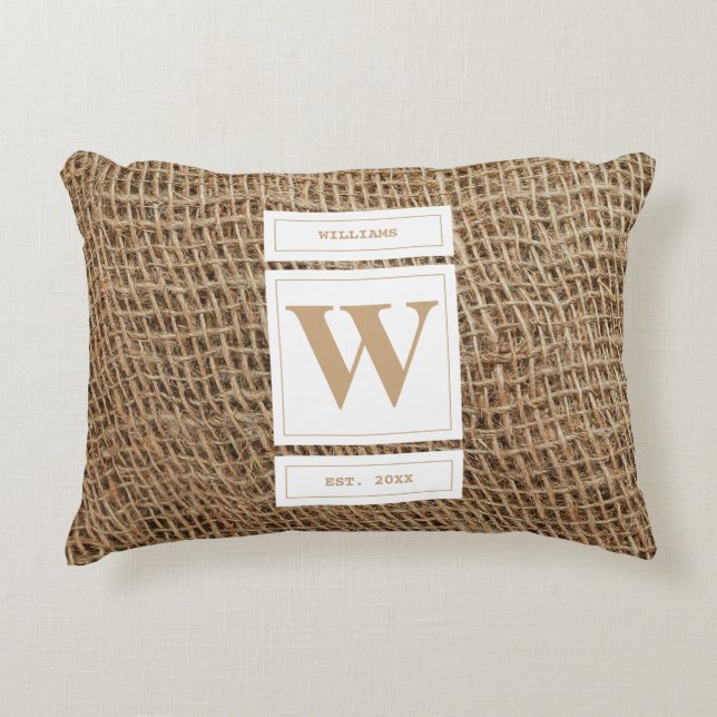 Rustic Burlap Monogram Initiaal Accent Kussen (Voorkant)