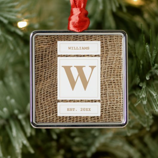 Rustic Burlap Monogram Initiaal Metalen Ornament (Boom)