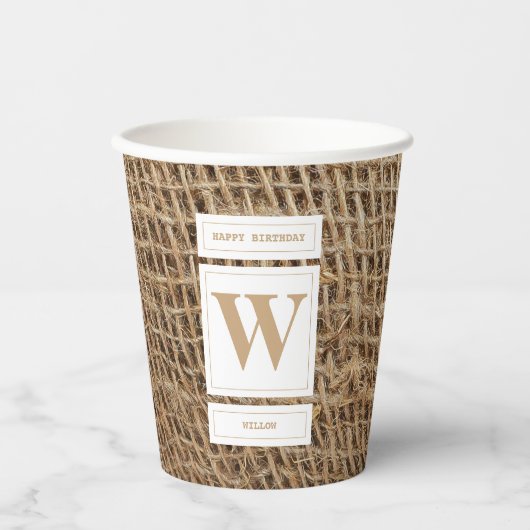 Rustic Burlap Monogram Initiaal Papieren Bekers (Voorkant)
