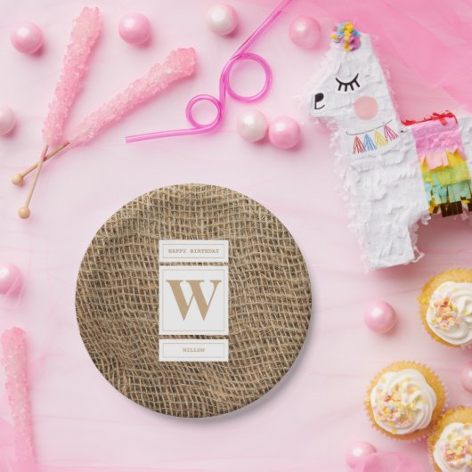Rustic Burlap Monogram Initiaal Papieren Bordje (Feest)