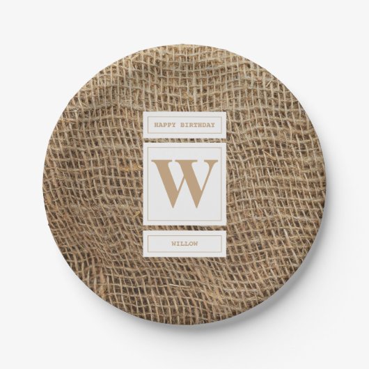Rustic Burlap Monogram Initiaal Papieren Bordje (Voorkant)