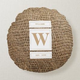 Rustic Burlap Monogram Initiaal Rond Kussen