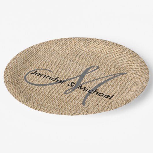 Rustic Burlap Monogram Wedding Bride Groom Names Papieren Bordje (Gekanteld)