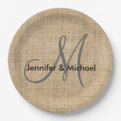 Rustic Burlap Monogram Wedding Bride Groom Names Papieren Bordje (Voorkant)