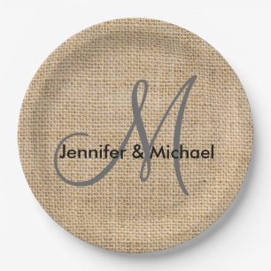 Rustic Burlap Monogram Wedding Bride Groom Names Papieren Bordje