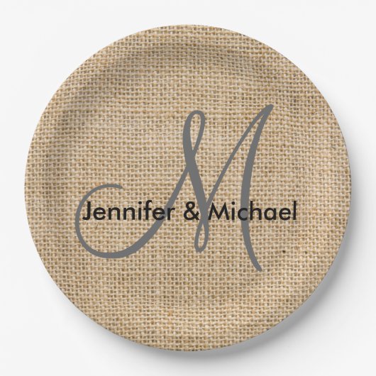 Rustic Burlap Monogram Wedding Bride Groom Names Papieren Bordje (Voorkant)