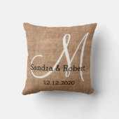 Rustic Burlap Monogram Wedding Keepslag Kussen (Achterkant)