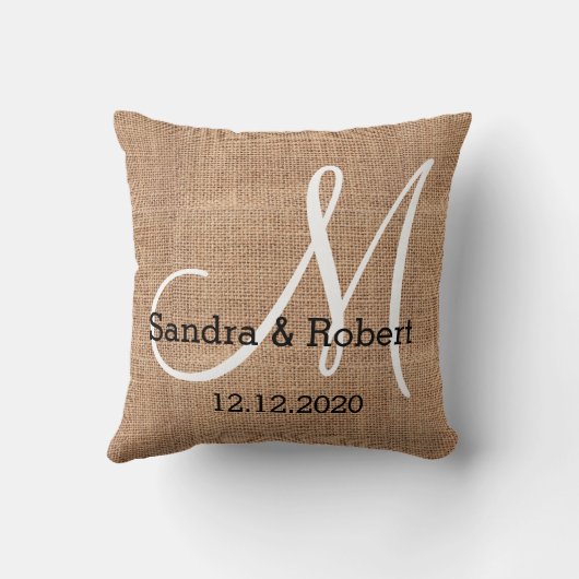 Rustic Burlap Monogram Wedding Keepslag Kussen (Achterkant)