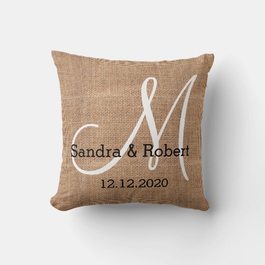 Rustic Burlap Monogram Wedding Keepslag Kussen (Voorkant)