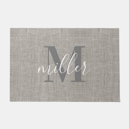 Rustic Burlap Monogrammed Familienaam Doormat Deurmat (Voorkant)
