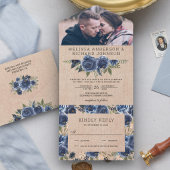Rustic Burlap Navy Blue Floral Photo Wedding All In One Uitnodiging