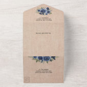 Rustic Burlap Navy Blue Floral Photo Wedding All In One Uitnodiging (Buitenkant)