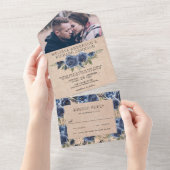 Rustic Burlap Navy Blue Floral Photo Wedding All In One Uitnodiging (Afscheurbaar)