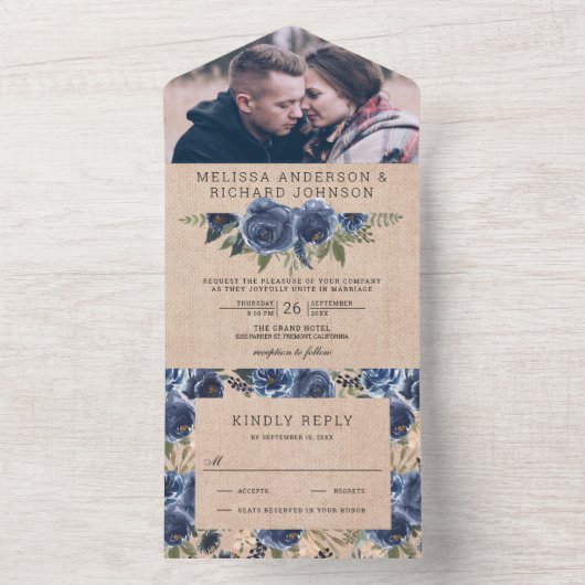 Rustic Burlap Navy Blue Floral Photo Wedding All In One Uitnodiging (Binnen)