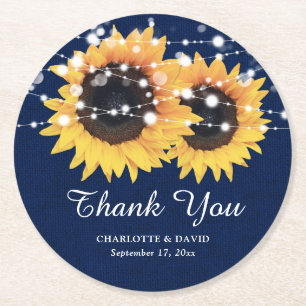 Rustic Burlap Navy Blue Sunflower Wedding Ronde Kartonnen Onderzetter
