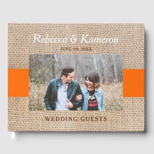 Rustic Burlap Oranje Photo Wedding Gastenboek (Voorkant)