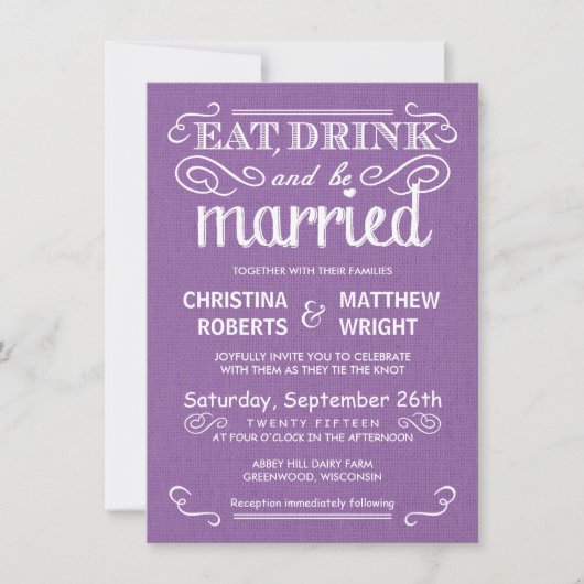 Rustic Burlap Orchid Paars Wedding Invitations Kaart (Voorkant)