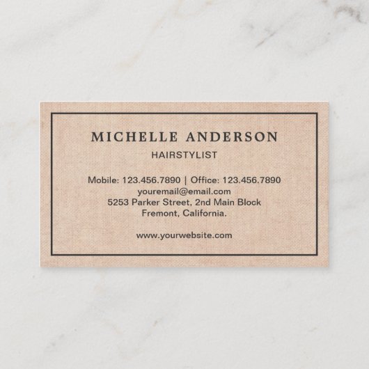 Rustic Burlap Paarse Bloemkam Haarstylist Visitekaartje (Achterkant)