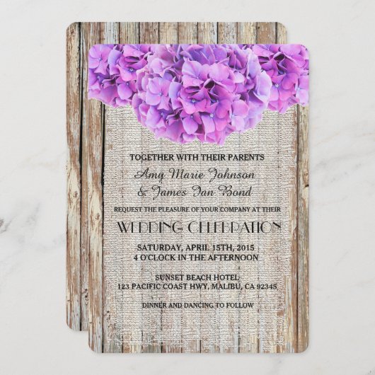 Rustic burlap paarse hydrangea trouwt met ph1 kaart (Voorkant / Achterkant)