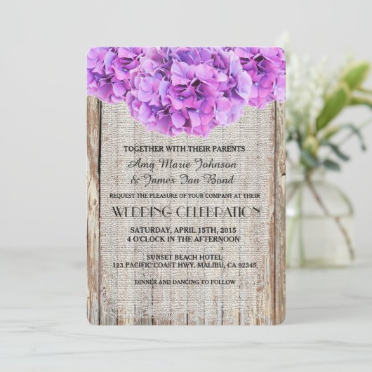 Rustic burlap paarse hydrangea trouwt met ph1 kaart (Staand voorkant)