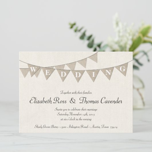 Rustic Burlap Pennant Wedding Invitation Kaart (Staand voorkant)