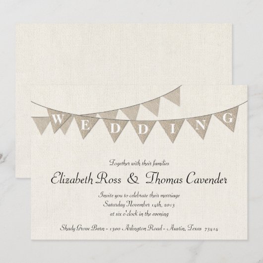 Rustic Burlap Pennant Wedding Invitation Kaart (Voorkant / Achterkant)