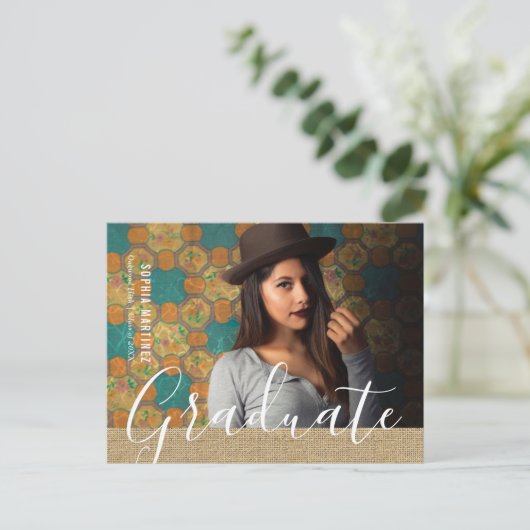 Rustic Burlap Photo Afstuderen Uitnodiging Briefkaart (Staand voorkant)