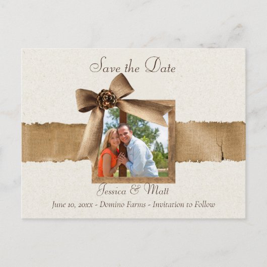 Rustic Burlap Photo Save the Date Briefkaart (Voorkant)