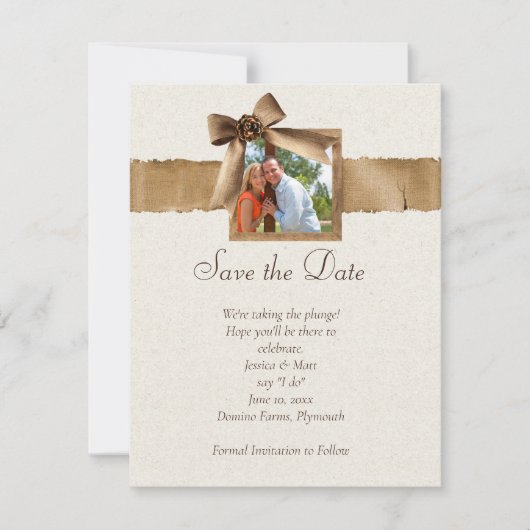 Rustic Burlap Photo Save the Date Kaart (Voorkant)