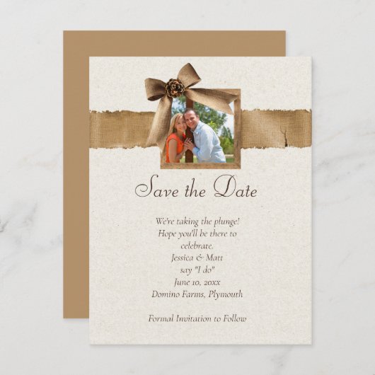 Rustic Burlap Photo Save the Date Kaart (Voorkant / Achterkant)